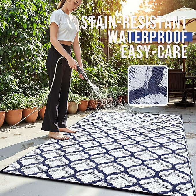 OLANLY Reversible Outdoor Rug 9x12 ft Clearance, Waterproof Outdoor Plastic Straw Rug with Interlacing Pattern, RV Mat for Patio, Camping, Balcony, Deck, Backyard, Navy & White