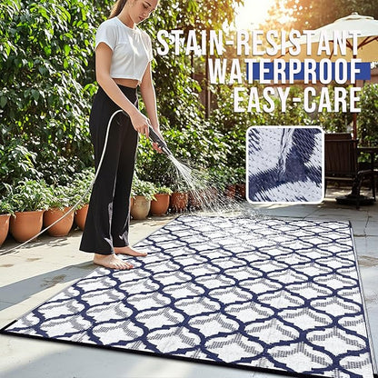 OLANLY Reversible Outdoor Rug 9x12 ft Clearance, Waterproof Outdoor Plastic Straw Rug with Interlacing Pattern, RV Mat for Patio, Camping, Balcony, Deck, Backyard, Navy & White