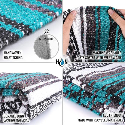 Authentic Extra Large Mexican Blanket (70"x50") - Handwoven Yoga Blanket, Serape Blanket - Artisanal Falsa Blanket, Beach Blanket, Camping Blanket, Picnic Blanket, Outdoor Blanket (Emerald)