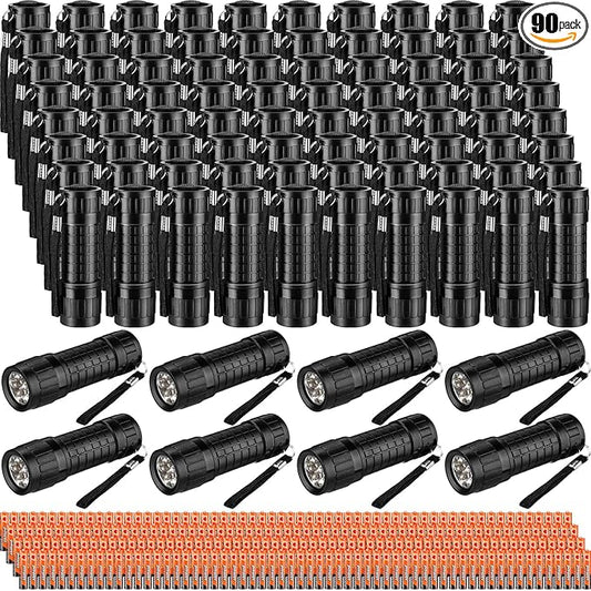 90 Pcs Mini Flashlight 9 LED Handheld Torch Bulk Kids Flashlight Plastic Handheld Flashlights with Lanyard Camping Necessities for Homeless School, 270 Pcs AAA Batteries Included (Black)