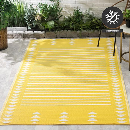 FH Home Outdoor Rug - Waterproof, Fade Resistant, Crease-Free - Premium Recycled Plastic - Geometric - Patio, Porch, Deck, Balcony - Hampton Stripe - Yellow Crease Free - 5 x 8 ft