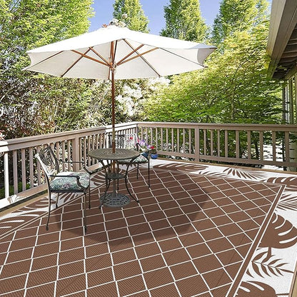 Ileading Outdoor Rug Carpet for Patio 9'x12' Waterproof Reversible Plastic Straw Rug Portable Outside Area Rug Camping Mat for Patio, Clearance, Balcony, Picnic, Pool, Beach, RV, Deck, Brown