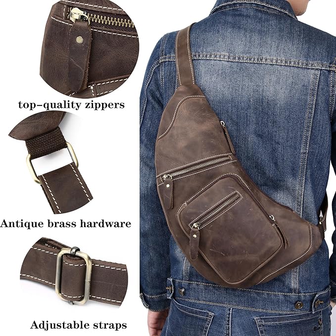 KPYWZER Full Grain Genuine Leather Sling Bag for Men Women Shoulder Backpack Satchel Crossbody Chest Casual Outdoor Daypack Deep Brown