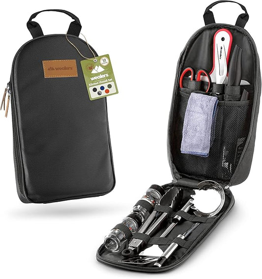 11 Piece Camp Kitchen Cooking Utensil Set Travel Organizer Grill Accessories Compact Gear for Backpacking BBQ Camping Hiking and Travel Black