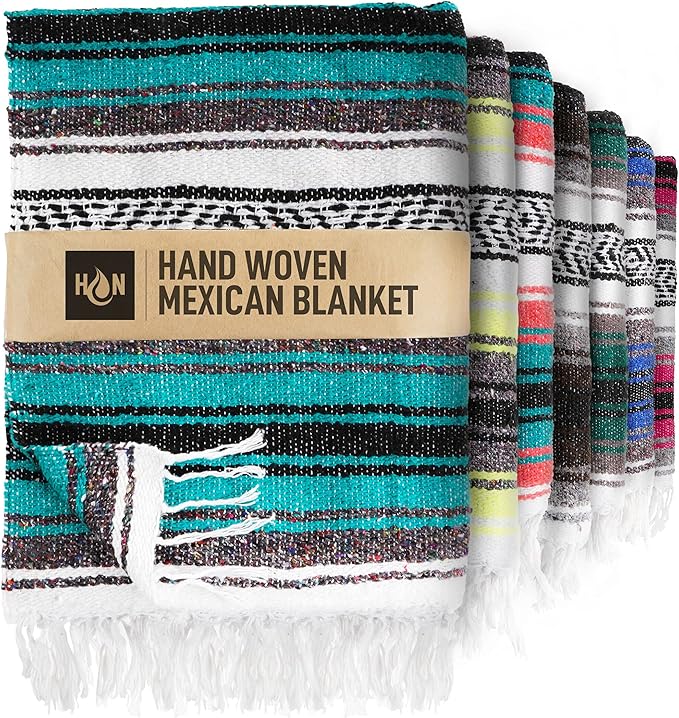 Authentic Extra Large Mexican Blanket (70"x50") - Handwoven Yoga Blanket, Serape Blanket - Artisanal Falsa Blanket, Beach Blanket, Camping Blanket, Picnic Blanket, Outdoor Blanket (Emerald)
