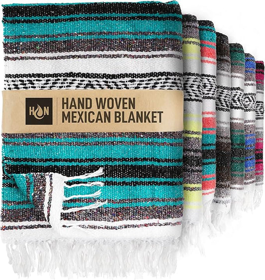 Authentic Extra Large Mexican Blanket (70"x50") - Handwoven Yoga Blanket, Serape Blanket - Artisanal Falsa Blanket, Beach Blanket, Camping Blanket, Picnic Blanket, Outdoor Blanket (Emerald)