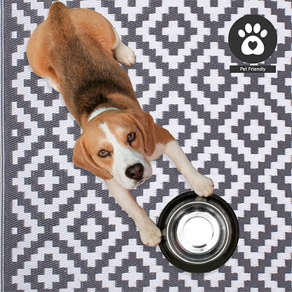 FH Home Outdoor Rug - Waterproof, Fade Resistant, Reversible - Premium Recycled Plastic - Geometric - Patio, Deck, Porch, Balcony, Laundry Room - Aztec - Gray & White Crease Free - 4 x 6 ft
