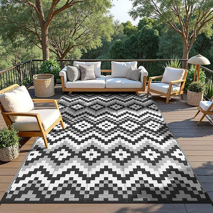 GENIMO Outdoor Rug Waterproof 5x8 ft, Lightweight Plastic Straw Rugs, Outside Reversible Area Mat Carpet for Patio, Camping, RV, Deck, Balcony, Porch, Backyard, Black & White