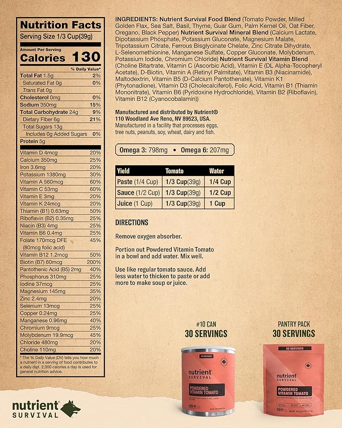 Nutrient Survival Tomato Powder, Powdered Vitamin Tomato (30 Servings) Emergency Food Supply & Camping Supplies for Soups, Sauces, Meatloaf, 40 Nutrients, Shelf Stable up to 25 Years, One Can