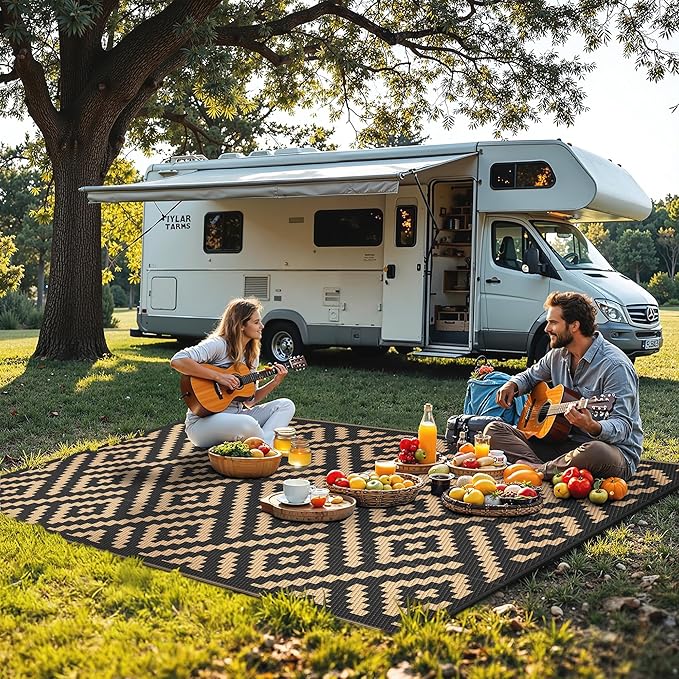 Outdoor Rug for Patio - Waterproof Plastic Straw Camping Rugs 6x9 ft, Reversible Outdoor Indoor RV Mat Carpet for Patio, Porch, Deck, Balcony, Picnic, Beach, Black Brown
