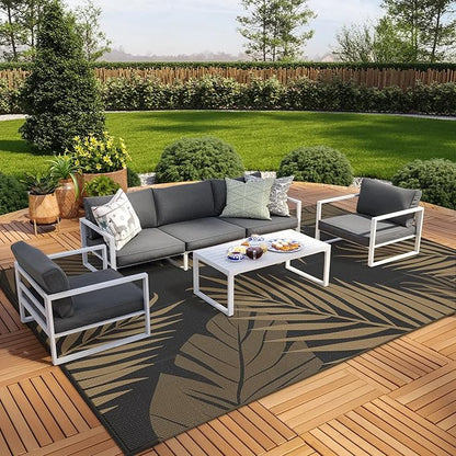 GENIMO Outdoor Rug 10' x 14' Waterproof for Patios Clearance, Reversible Outdoor Plastic Straw Camping Rug Carpet, Large Area Rugs Mats for RV, Camper, Deck, Balcony, Porch, Beach, Picnic, Black&Brown