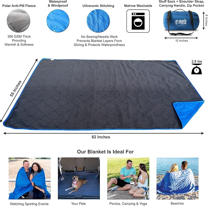 BRAWNTIDE Large Outdoor Waterproof Blanket - Quilted, Extra Thick Fleece, Warm, Windproof, Sandproof, Includes Stuff Sack, Shoulder Strap, Ideal for Beaches, Picnics, Camping, Stadiums, Dogs, Car