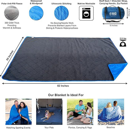 BRAWNTIDE Large Outdoor Waterproof Blanket - Quilted, Extra Thick Fleece, Warm, Windproof, Sandproof, Includes Stuff Sack, Shoulder Strap, Ideal for Beaches, Picnics, Camping, Stadiums, Dogs, Car