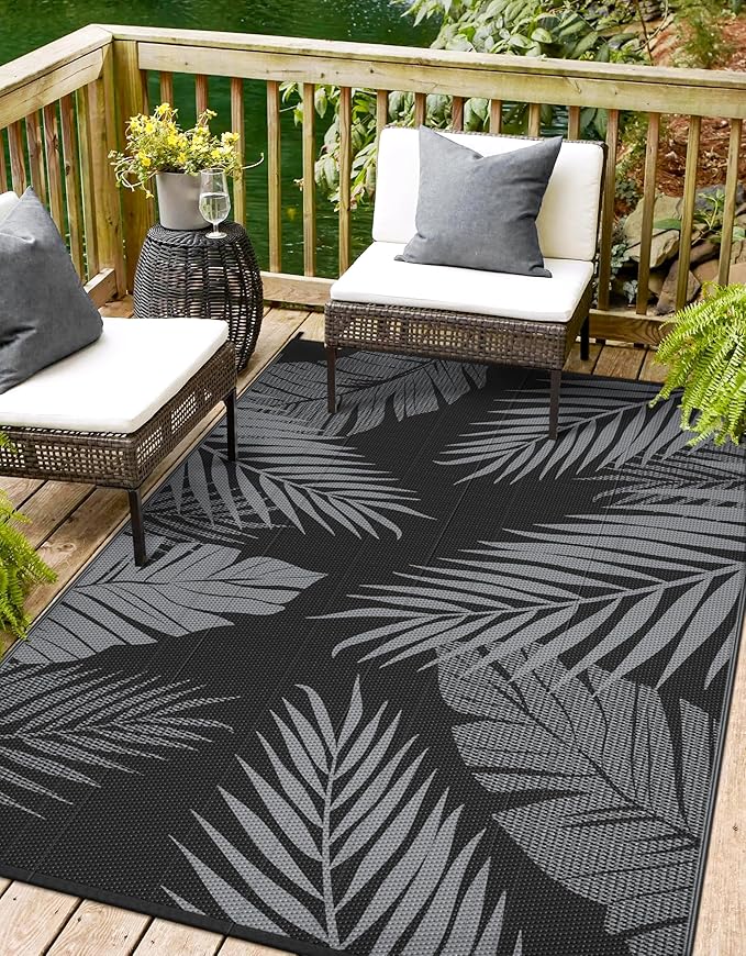 Outdoor Rug 4' x 6' for Patio Waterproof Clearance, Reversible Indoor Outdoor Plastic Straw Camping Rug Carpet, RV Mat, Large Area Rug for Deck, Backyard, Balcony, Porch, Beach, Black and Grey