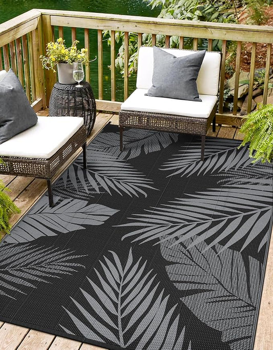 Outdoor Rug 4' x 6' for Patio Waterproof Clearance, Reversible Indoor Outdoor Plastic Straw Camping Rug Carpet, RV Mat, Large Area Rug for Deck, Backyard, Balcony, Porch, Beach, Black and Grey