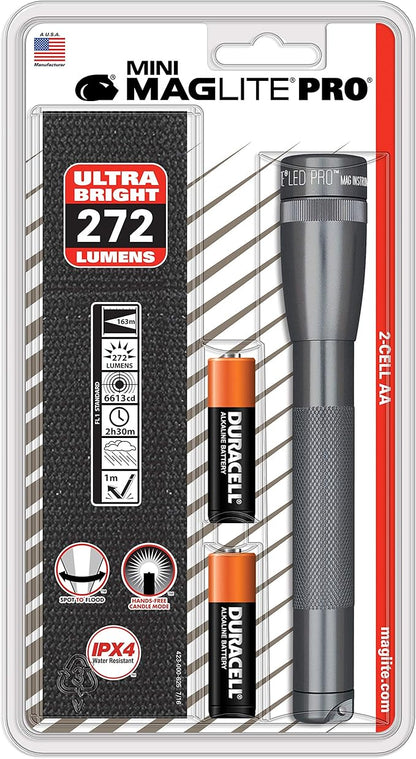 MagLite Mini LED Pro Flashlight - Ultra Bright 332 Lumens, Adjustable Beam, Water-Resistant IPX4, Shock Resistant, 2 Power Modes, Includes 2 AA Premium Alkaline Batteries - (Holster Pack, Gray)