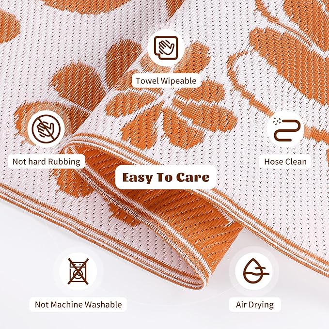 Ileading Outdoor Plastic Straw Rug 6x9ft Funny Floral Style Reversible Patio Area Rugs Waterproof Non Shedding Portable Carpets for Rv Outside Deck Pool Beach Picnic Camping (Orange)