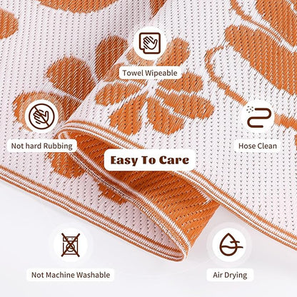 Ileading Outdoor Plastic Straw Rug 6x9ft Funny Floral Style Reversible Patio Area Rugs Waterproof Non Shedding Portable Carpets for Rv Outside Deck Pool Beach Picnic Camping (Orange)