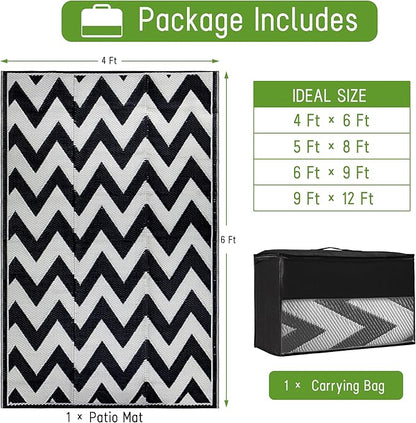 Easy-Going Reversible Outdoor Rugs 4x6ft Waterproof Plastic Straw Rug Stain & UV Resistant Floor Mat for Patio Porch RV Backyard Pool Deck Picnic Beach Trailer Camping (Waved Black & Light Grey)