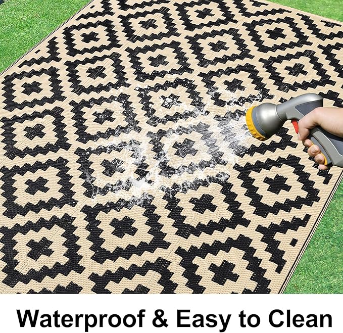 Smiry Waterproof Outdoor Rug 8x10 ft, Reversible Plastic Straw Patio Camping Rugs, Outdoor Indoor RV Mat Carpet for Patio, Outside Entry, Backyard, Deck, Bench, Picnic, Camper, Black & Beige