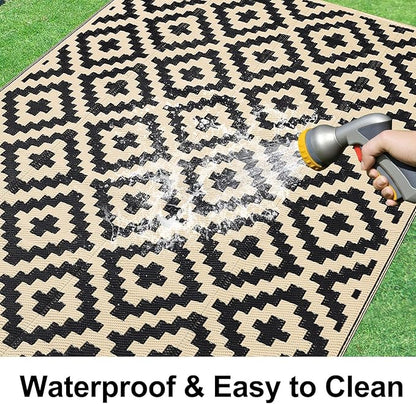Smiry Waterproof Outdoor Rug 8x10 ft, Reversible Plastic Straw Patio Camping Rugs, Outdoor Indoor RV Mat Carpet for Patio, Outside Entry, Backyard, Deck, Bench, Picnic, Camper, Black & Beige