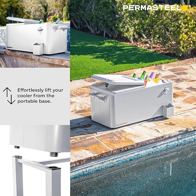 Permasteel 80-Qt Outdoor Patio Cooler with Removable Basin, Outside Beverage Cooler Cart, Rolling Cooler with Wheels and Handles, White
