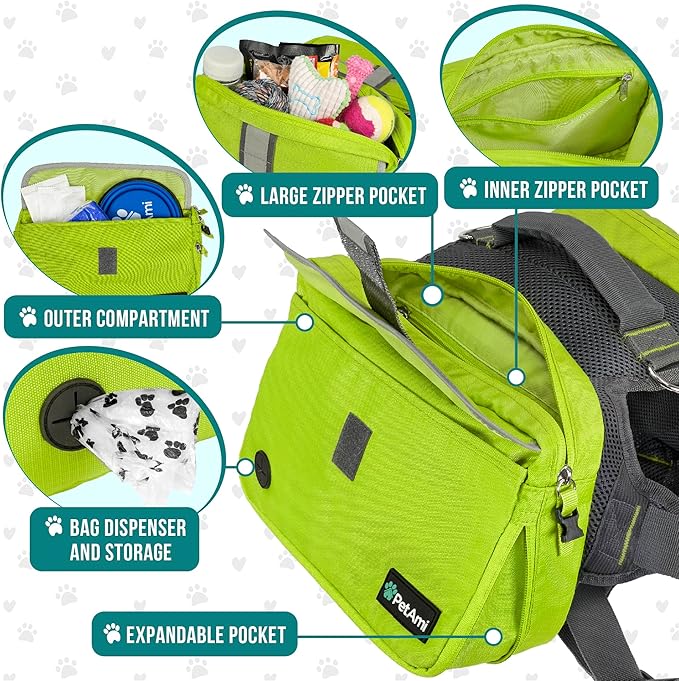 PetAmi Dog Backpack for Medium Large Dogs, Dog Saddle Bag for Dogs to Wear, Harness Saddlebag with Reflective Safety Side Pockets for Hiking, Camping, Vest Dog Pack for Travel (Green, Large)