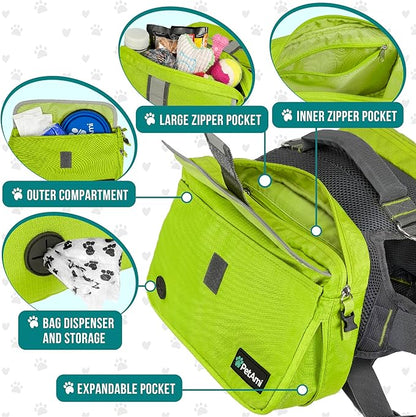 PetAmi Dog Backpack for Medium Large Dogs, Dog Saddle Bag for Dogs to Wear, Harness Saddlebag with Reflective Safety Side Pockets for Hiking, Camping, Vest Dog Pack for Travel (Green, Large)