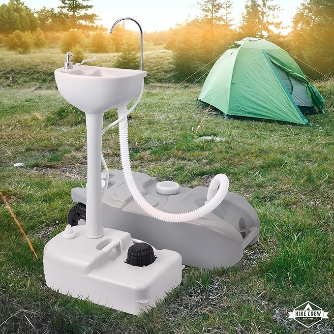 Hike Crew Portable Camping Sink & Waste Tank | Large Outdoor Hand Washing Station with 4.5 Gal Capacity, Hands-Free Foot Pump, Faucet, Soap Dispenser & Towel Rack | includes 10 Gal Travel Waste Tank