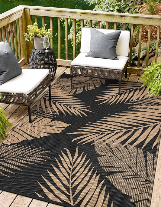Outdoor Rug 5' x 8' for Patio Waterproof Clearance, Reversible Indoor Outdoor Plastic Straw Camping Rug Carpet, RV Mat, Large Area Rug for Deck, Backyard, Balcony, Porch, Beach, Black and Brown