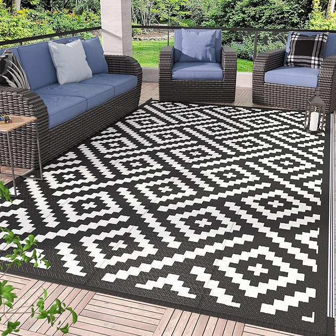 GENIMO 5x8 Outdoor Rug Waterproof, Reversible Mats, Outdoor Area Rug, Plastic Outside Carpet, Geometric Rv Mat for Patio Camping Rv Picnic Backyard Deck Balcony Porch Beach Trailer (Black & White)