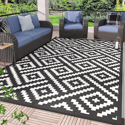 GENIMO 5x8 Outdoor Rug Waterproof, Reversible Mats, Outdoor Area Rug, Plastic Outside Carpet, Geometric Rv Mat for Patio Camping Rv Picnic Backyard Deck Balcony Porch Beach Trailer (Black & White)