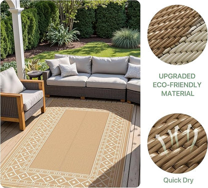 GENIMO Outdoor Rug Waterproof 6'x9' for Patio, Foldable Reversible Plastic Straw Carpet for Travel Trailers, Outside Area Mat for Rv, Deck, Picnic, Porch, Camper, Balcony, Beach, Brown & Beige
