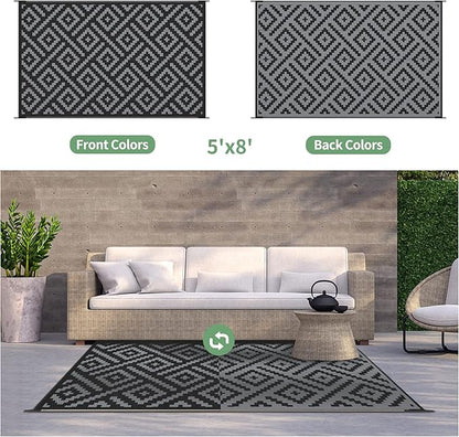 GENIMO Outdoor Rug for Patio Clearance,5'x8' Waterproof Mat,Reversible Plastic Camping Rugs,Rv,Porch,Deck,Camper,Balcony,Backyard,Black & Gray
