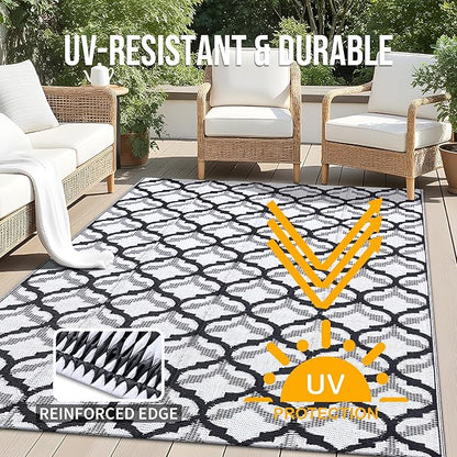 OLANLY Reversible Outdoor Rug 5x8 ft Clearance, Waterproof Outdoor Plastic Straw Rug with Interlacing Pattern, RV Mat for Patio, Camping, Balcony, Deck, Backyard, Black & White