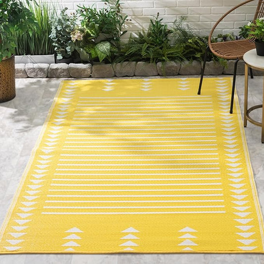 FH Home Outdoor Rug - Waterproof, Fade Resistant, Crease-Free - Premium Recycled Plastic - Geometric - Porch, Deck, Balcony, Mudroom, Laundry Room, Patio - Hampton - Yellow Crease Free - 3 x 5 ft