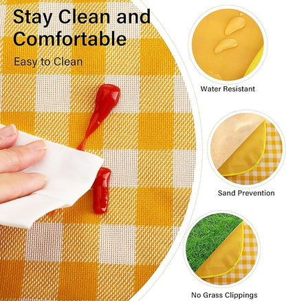 Large Picnic Blankets Waterproof Foldable Yellow Gingham Mat Tote bag for Outdoor Park Beach Camping Travel (80x80 inch)