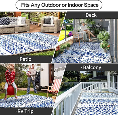 Waterproof Outdoor Rug 5x8ft, Bohemia Reversible Plastic Straw Mat for Patio RV Deck Porch Backyard Balcony Camping Picnic Beach Indoor Outdoor Carpet, Blue&White