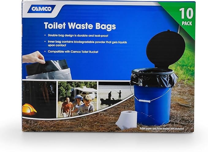 Camco Double Bag Portable Toilet Waste Bags (41548) Bucket Toilet Seat (41546) | Black