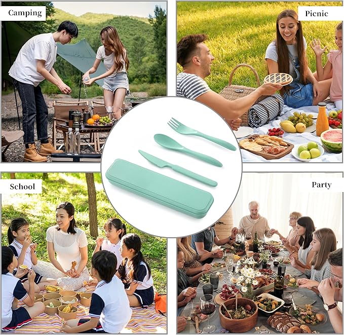 Reusable Travel Utensils Set with Case, 4 Pack Reusable Wheat Straw Portable Utensils Set with Case, Travel Utensils for Lunch, Camping, Picnic, Travel (Green, Pink, Blue, Beige)