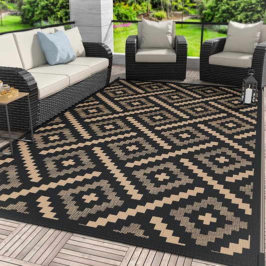 GENIMO Outdoor Rug for Patio Clearance, 6'x9' Waterproof Camping Mat, Reversible Plastic Straw Rugs for RV, Camper, Balcony, Backyard, Picnic, Deck (Mix Black Brown)