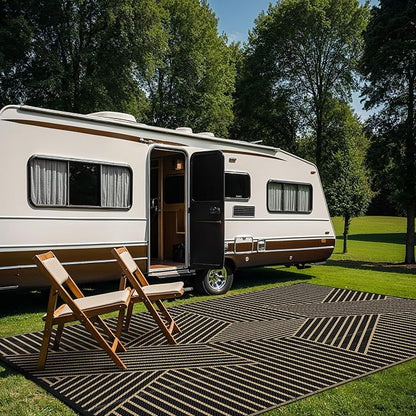 GENIMO Outdoor Rug 8'x10' for Patio Waterproof Clearance, Reversible Outdoor Plastic Straw Rug, Lightweight Carpet Camping Mat for Rv, Camper, Picnic, Balcony, Backyard, Deck, Porch, Black & Brown