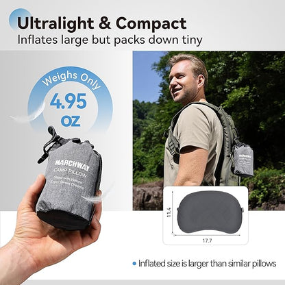 MARCHWAY Ultralight Inflatable Camping Pillow with Soft Washable Cover, Compact Compressible Portable Travel Air Pillow for Outdoor Camp, Sport, Hiking, Backpacking Sleep (Grey)