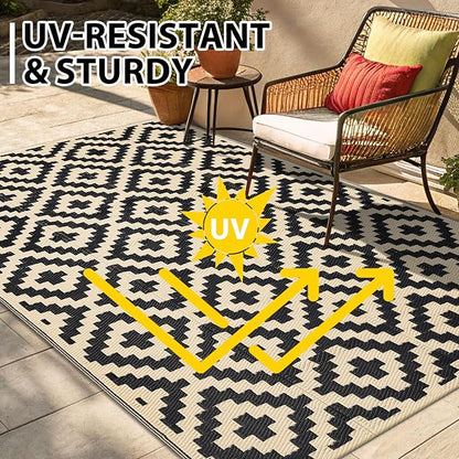 Smiry Waterproof Outdoor Rug 8x10 ft, Reversible Plastic Straw Patio Camping Rugs, Outdoor Indoor RV Mat Carpet for Patio, Outside Entry, Backyard, Deck, Bench, Picnic, Camper, Black & Beige