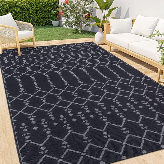 Smiry Outdoor Rug 5x8 ft, Waterproof Reversible Plastic Straw Rugs, Boho Outdoor Area Rug, Outside Floor Mat for Patio, Backyard, Deck, Picnic, Beach, Camping, Dark Grey