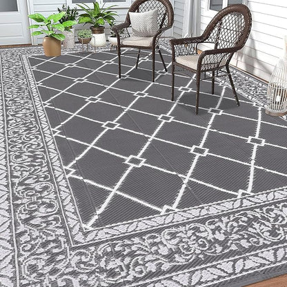 HEBE Outdoor Rug 9'x12' for Patios Waterproof Clearance Reversible Patio Mat Plastic Straw Rug RV Camping Mat Outside Area Rug Carpet for Camping RV,Porch,Deck,Balcony,Camper,Backyard