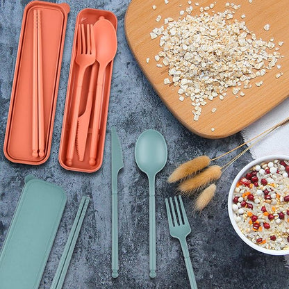 Camping Utensil Set, Reusable Utensils Set with Case, Plastic Cutlery Set Forks Spoon Tableware Chopsticks, Portable Cutlery Set for Travel Picnic Camping or Daily Use (Dark Color-4)