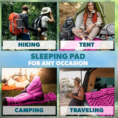 Sleeping Pad with Pillow, Self Inflating Extra-Thick, Ultralight Sleeping Mat, Built-in Pump, Ultimate for Camping, Hiking, Traveling, Airpad, Carry Bag, Compact & Lightweight Air Mattress (Purple)