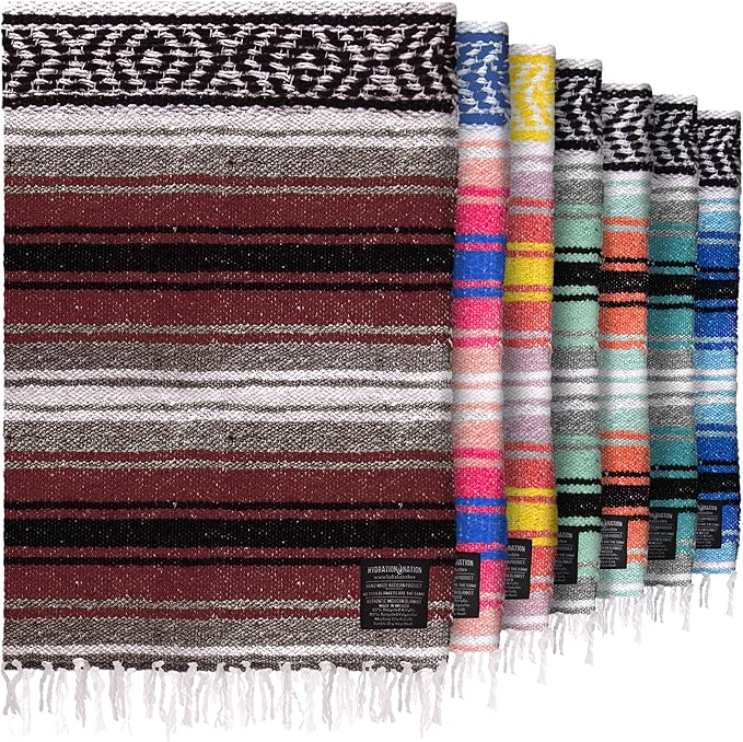 Authentic Large Handwoven Mexican Blanket - Soft Yoga Blanket - Durable Serape Blanket - Lightweight Falsa Blanket, Beach Blanket, Camping Blanket, Picnic Blanket, Outdoor Blanket 70"x50" - Cherry