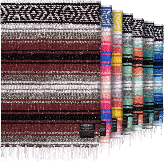 Authentic Large Handwoven Mexican Blanket - Soft Yoga Blanket - Durable Serape Blanket - Lightweight Falsa Blanket, Beach Blanket, Camping Blanket, Picnic Blanket, Outdoor Blanket 70"x50" - Cherry